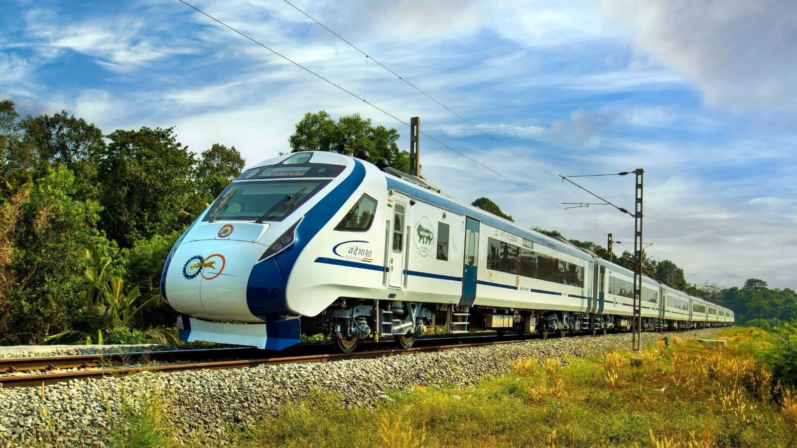Vande Bharat Express train running on an electrified Indian Railways line